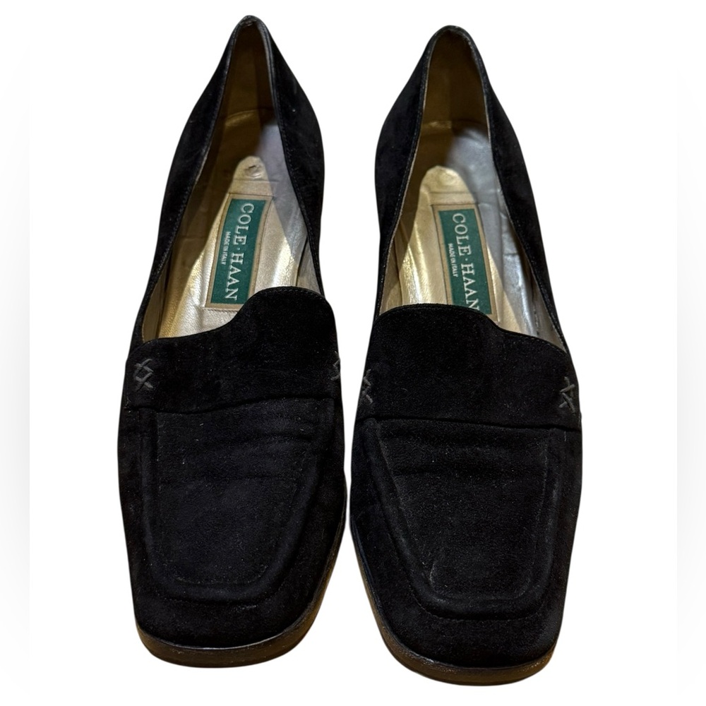 Vintage Cole Haan Made in Italy Black Suede Square Toe Block Heel Pumps Size 8